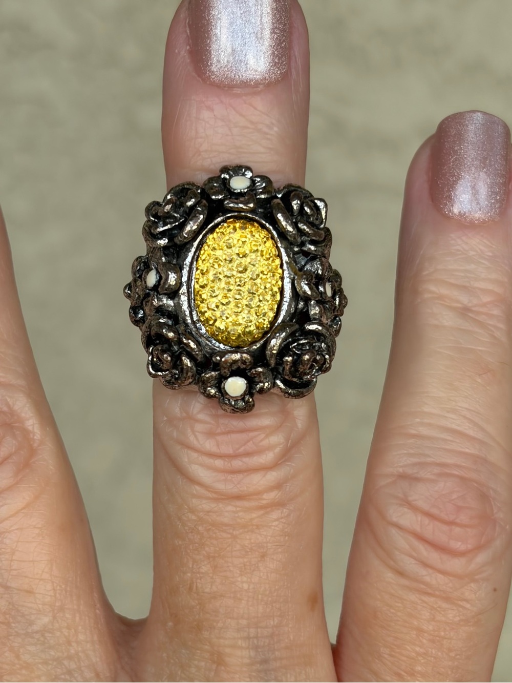Ornate Floral Statement Ring with Yellow Crystal Center